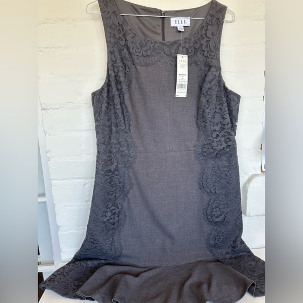 ELLE Ruffle and Lace Gray Dress Size 14 NWT Zipper.‎ So Soft.